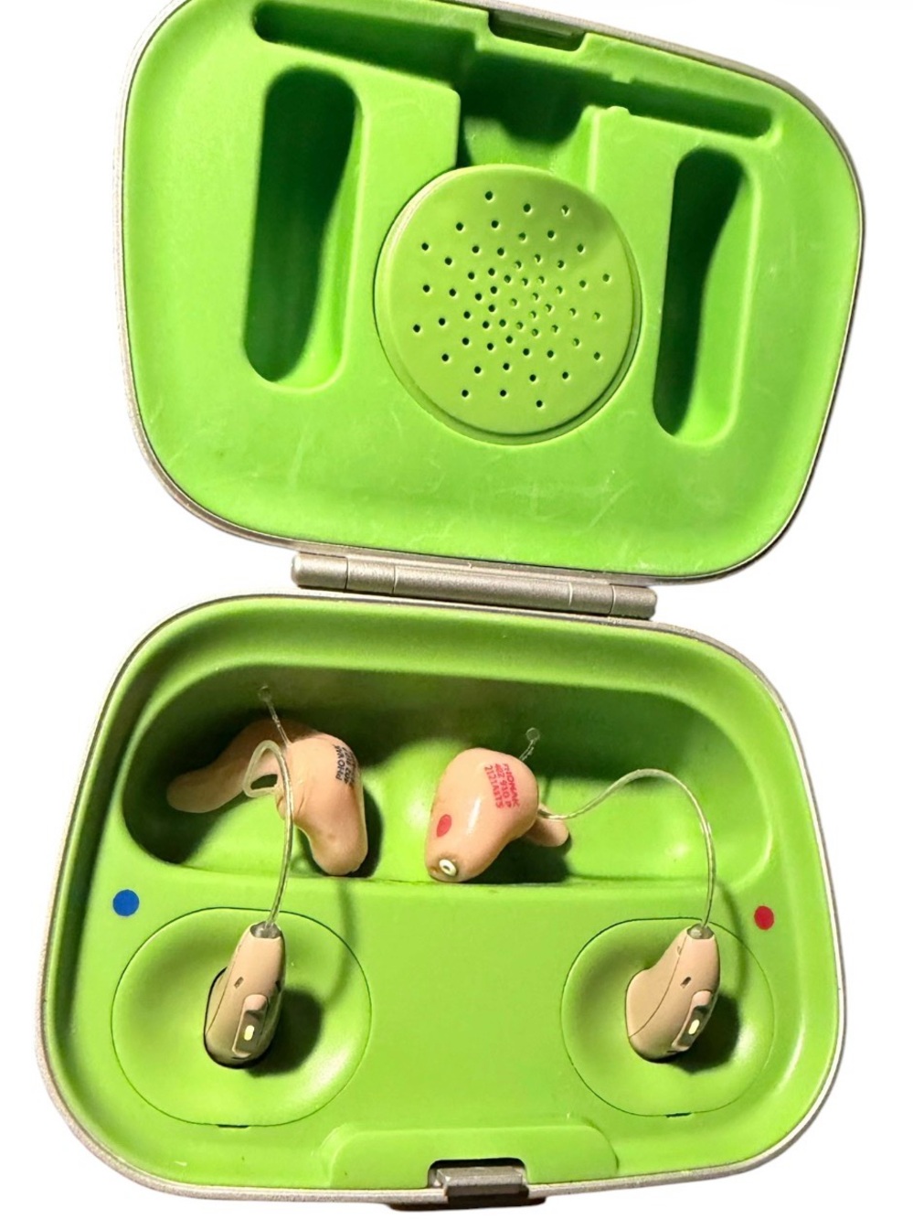 Rechargeable Beige Behind-the-Ear Hearing Aids with Green Charging Case